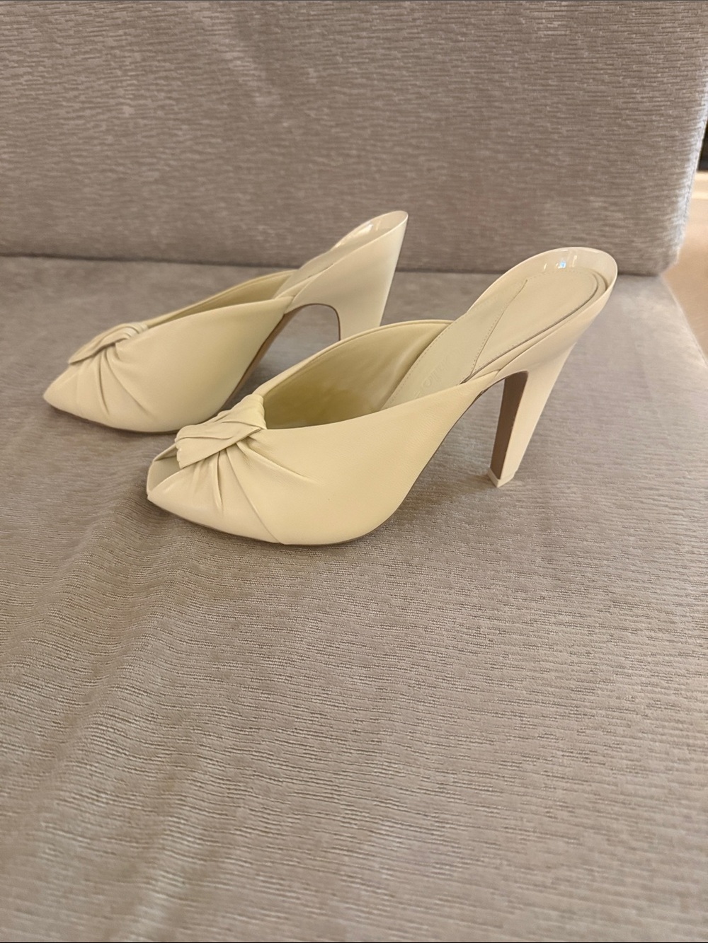 Chloe Cream Knotted Peep-Toe Leather Mules with Stiletto Heel